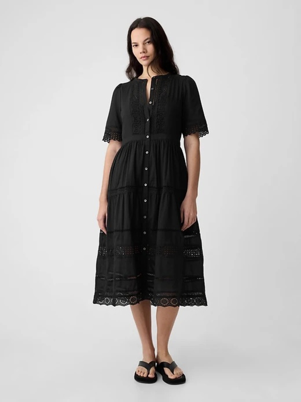 GAP Black Eyelet Button-Front Midi Dress